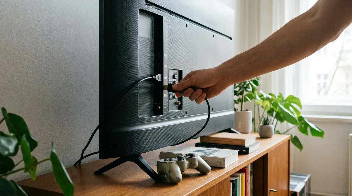 Hand steckt ein HDMI-Kabel in die Rückseite eines Fernsehers