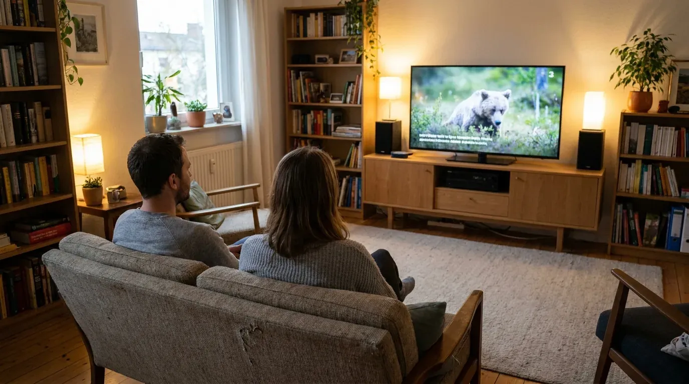 Paar sitzt auf dem Sofa vor einem großen Fernseher in einem gemütlichen Wohnzimmer