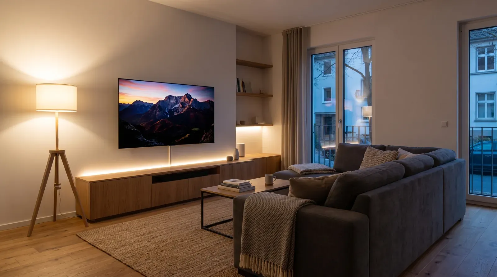 Wohnzimmer am Abend mit großem Flachbildfernseher an der Wand und Sofa davor